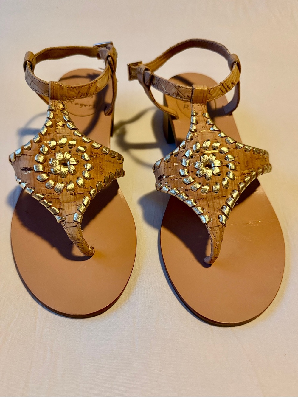 Jack Rogers Elise Gold Leather and Cork Embellished T-Strap Sandals